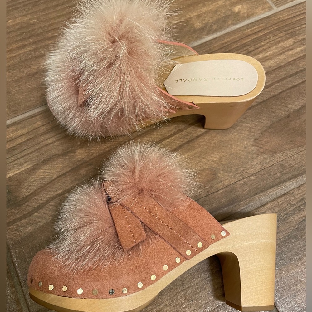 Loeffler Randall Phillips Fox Fur Pom Pom Mule Clog Suede Pink Mauve 35 5 Tan - Picture 4 of 10
